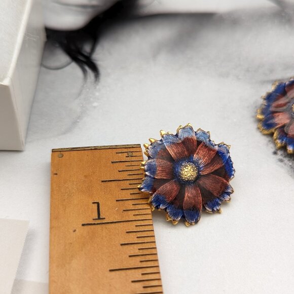 1980s Enamel Flower Pierced Post Earrings Purple Blue Glam Diva Artsy Gold Plt - Picture 3 of 9